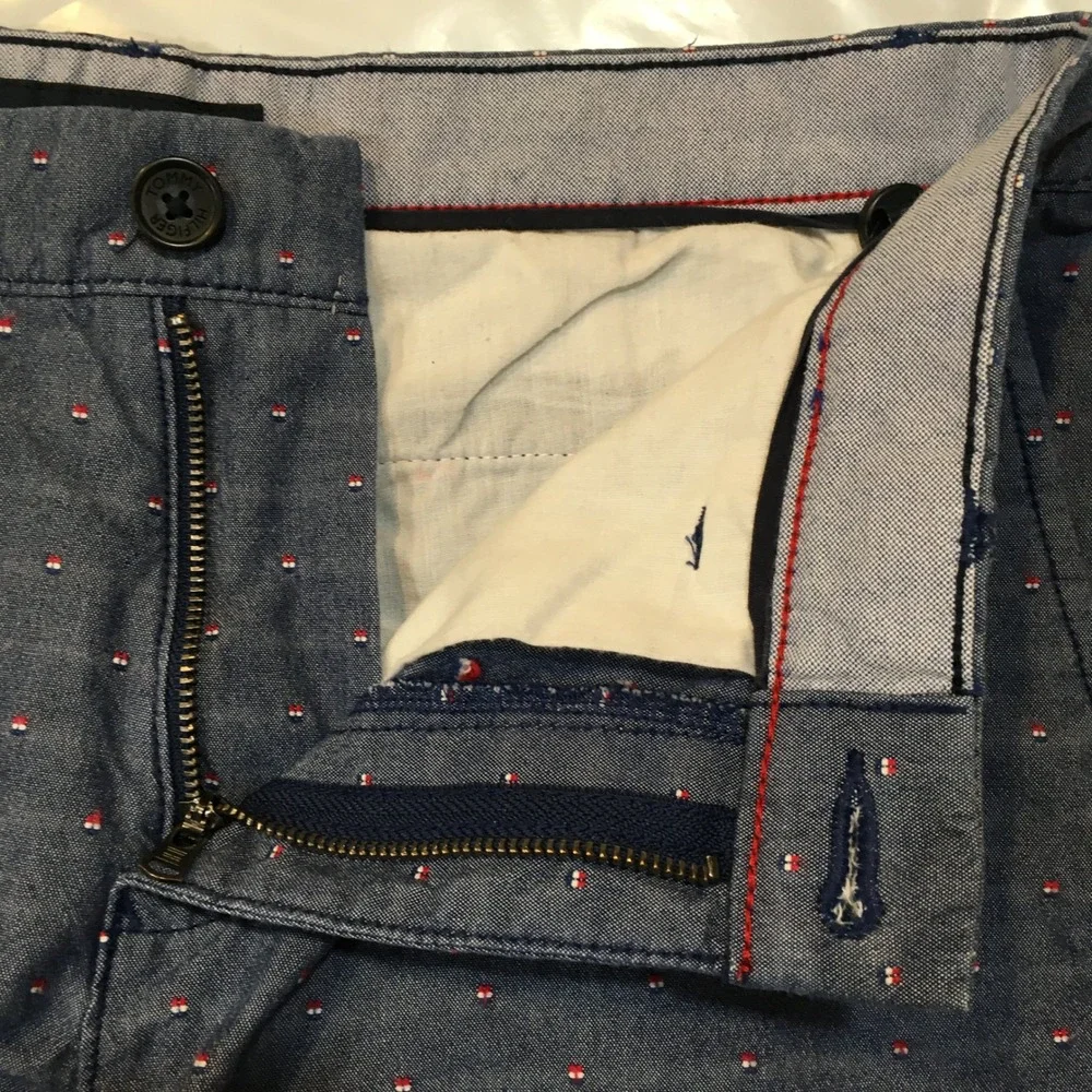 Tommy Hilfiger Logo Print Chino Shorts Mens 30 Blue Chambray‎ Nautical Preppy